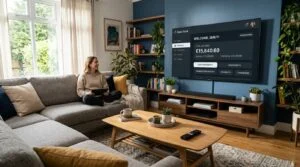 Uma sala de estar contemporânea com uma grande smart TV exibindo uma interface limpa de aplicativo bancário com opções de saldo e extrato, enquanto um
