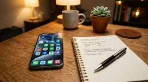 Smartphone com tela acesa, caderno aberto com anotações de orçamento e caneta sobre mesa de madeira iluminada por lâmpadas

