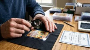 Close-up detalhado de mãos usando lupa profissional para verificar a autenticidade e condição de um card colecionável sobre uma mesa organizada, com c
