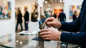 Mãos de uma pessoa examinando cuidadosamente uma pequena escultura de arte contemporânea sobre uma mesa de vidro, com fundo desfocado de outras obras,
