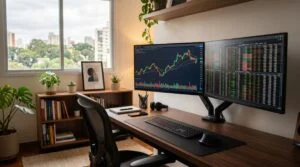 Como começar a investir na bolsa de valores: guia com etapas e estratégias para quem investe pela primeira vez 3 Visão ampla de um escritório doméstico organizado com dois monitores exibindo gráficos de candlestick e tabelas de cotações da B3, iluminação natural