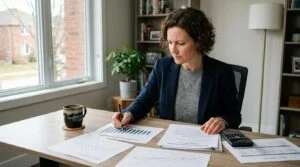 Adulto em ambiente residencial contemporâneo sentado à mesa de trabalho com calculadora, documentos de propriedade e gráficos impressos, copo de café
