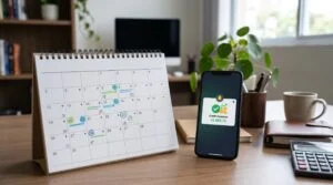 Calendário de mesa aberto com marcações de datas importantes ao lado de smartphone notificando crédito recebido, em um ambiente de trabalho profission