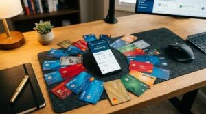 Múltiplos cartões de crédito, um smartphone e um caderno organizados sobre uma mesa de madeira clara
