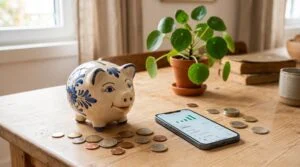 Cofrinho de cerâmica tradicional posicionado ao lado de um smartphone sobre uma mesa de madeira clara, com moedas espalhadas e uma planta decorativa a
