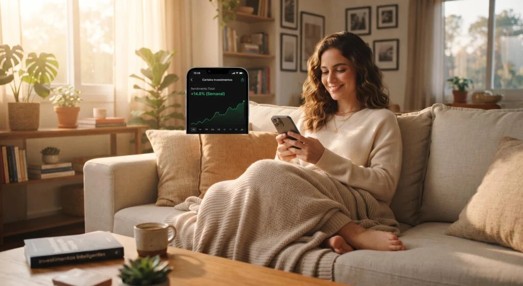 Pessoa analisando gráficos de criptomoedas no celular enquanto toma café em casa