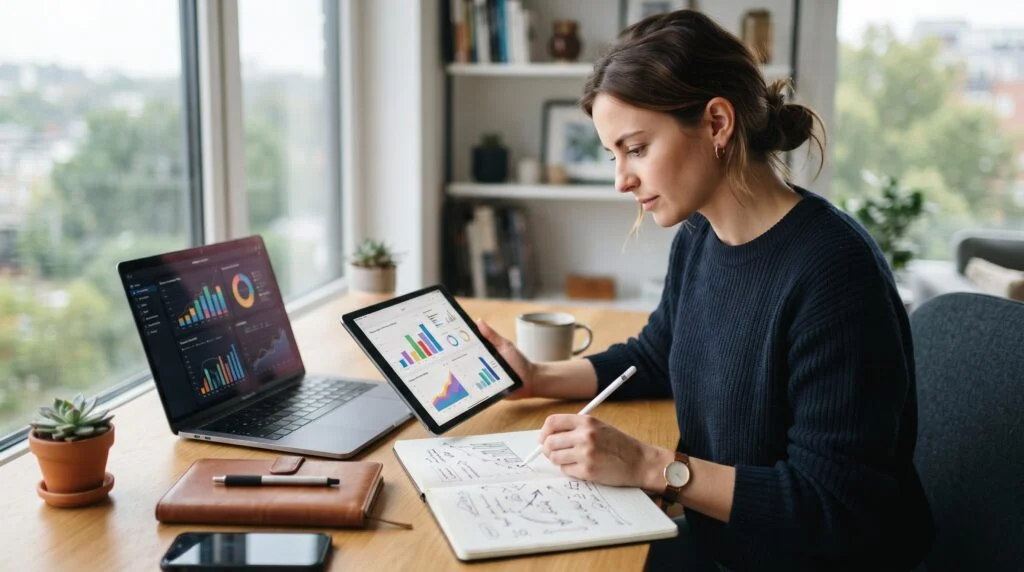 Pessoa analisando gráficos de crescimento de startups em um notebook sobre uma mesa de trabalho