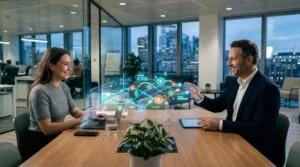 Duas pessoas em um ambiente moderno e limpo, uma representando o investidor e outra o tomador de crédito, conectadas visualmente por elementos digitai
