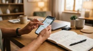 Como receber salário no Mercado Pago e investir de forma automática no app 4 Mãos de uma pessoa adulta configurando um aplicativo financeiro em um smartphone sobre uma mesa de escritório com anotações de planejamento financeiro