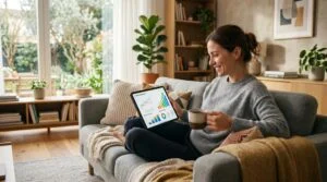 Uma pessoa sentada confortavelmente em um sofá com um tablet no colo, visualizando gráficos de crescimento enquanto toma café, representando a liberda

