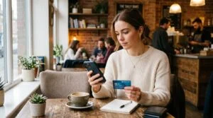  Pessoa sentada em mesa de madeira segurando cartão de crédito e celular, com café ao lado
