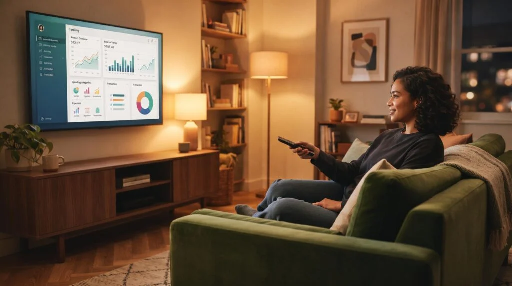 Pessoa sentada no sofá usando o controle remoto para acessar um aplicativo bancário na smart TV