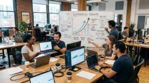 Ambiente colaborativo de uma startup moderna com equipe diversificada trabalhando em frente a computadores e quadros brancos com gráficos de crescimen