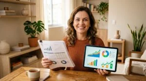 Pessoa segurando documentos financeiros e tablet mostrando resultados de investimentos, com expressão confiável em um ambiente doméstico clean e organ
