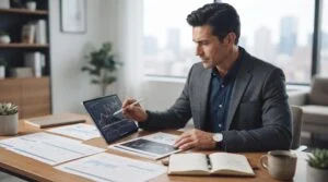 Investidor analisando gráficos de desempenho em um tablet moderno enquanto consulta documentos financeiros sobre uma mesa de escritório limpa e organi