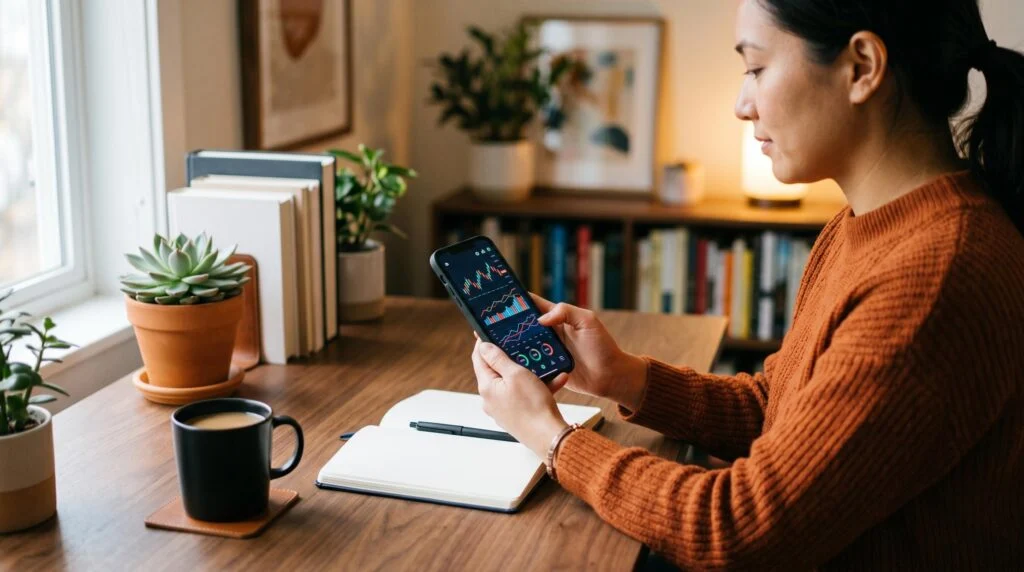 Pessoa analisando opções de diversificação de investimentos no celular com gráficos financeiros ao fundo