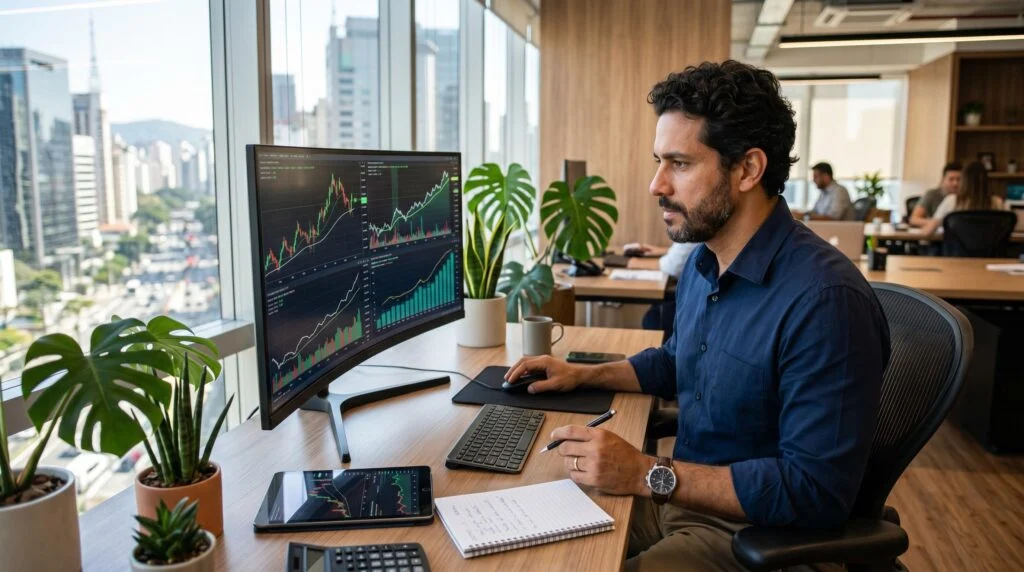Pessoa analisando gráficos de dividendos e desempenho de ações em um notebook, com foco em investimentos na bolsa de valores brasileira