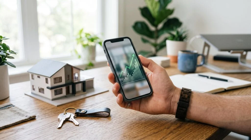Pessoa sentada à mesa calculando metas de economia para a entrada de uma casa com caderno e celular na mão