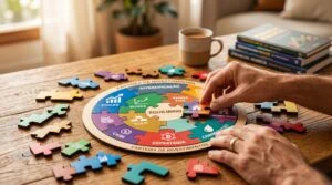 Como diversificar seus investimentos pelo Mercado Pago e montar uma carteira equilibrada 3 Close-up de mãos organizando diferentes peças de um quebra-cabeça sobre uma mesa de madeira, simbolizando a diversificação e o equilíbrio de uma carte