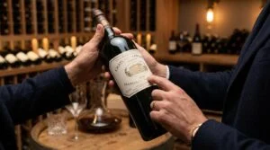 Mãos de uma pessoa examinando uma garrafa de vinho de alta qualidade em um ambiente elegante, observando o rótulo com atenção profissional, representa
