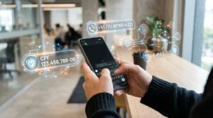 Pessoa segurando smartphone com hologramas flutuantes mostrando CPF, telefone, RG e e-mail
