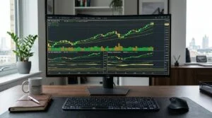  Uma tela de monitor exibindo gráficos financeiros em tons de verde e dourado, com um teclado ao fundo em um ambiente de trabalho limpo e profissional,
