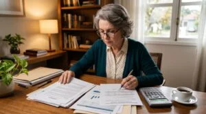 Uma pessoa madura analisando documentos financeiros e contratos sobre uma mesa organizada, com calculadora ao lado, representando o planejamento compl
