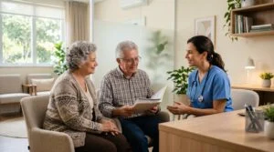 Um casal de idosos em uma clínica médica moderna, segurando documentos de plano de saúde e conversando com profissional de saúde, ambiente limpo e aco
