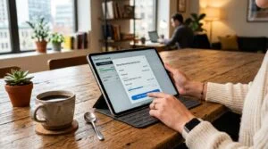 Close-up de mãos configurando um aporte automático em um aplicativo de investimentos no tablet, com uma xícara de café ao lado sobre uma mesa de madei
