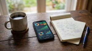 Smartphone sobre uma mesa de madeina exibindo um aplicativo de investimentos com gráficos de rendimento, ao lado de uma caneca de café e um caderno de
