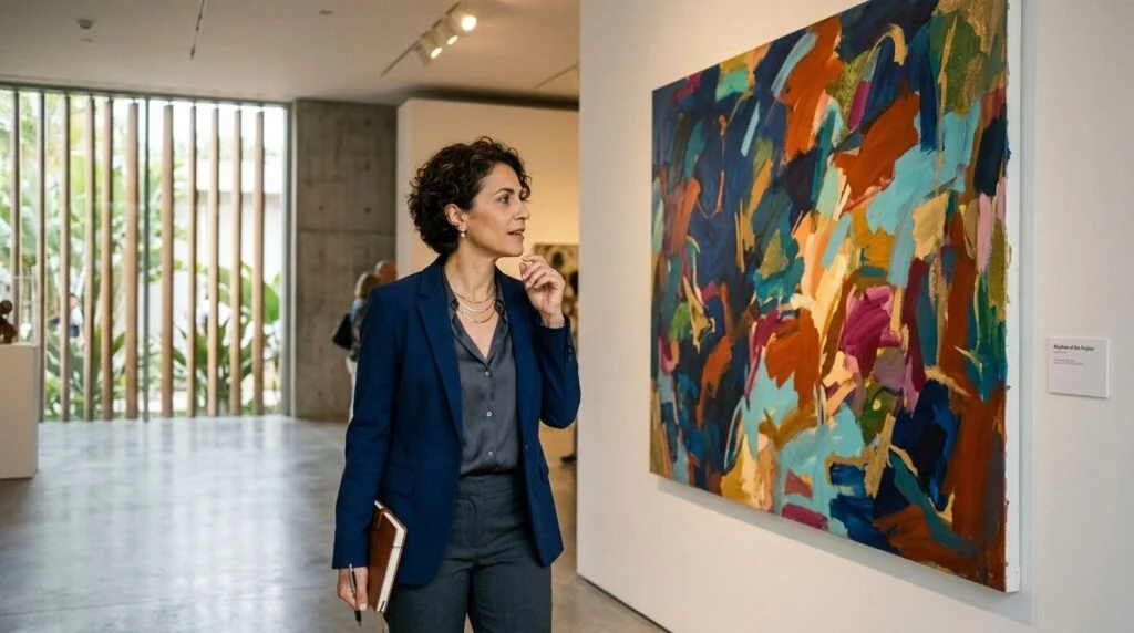 Pessoa analisando obras de arte em uma galeria brasileira com interesse em investimento