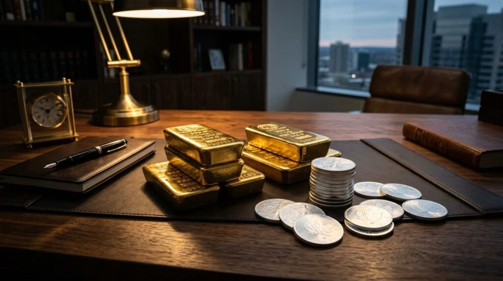 Pessoa analisando gráficos de preços de ouro e prata em um tablet sobre uma mesa de escritório