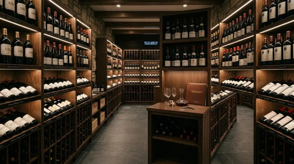 Pessoa analisando garrafas de vinho fino em uma adega climatizada para fins de investimento