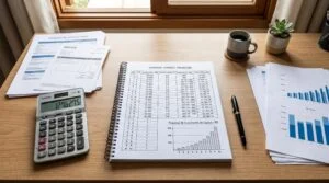 Visão superior de uma mesa de trabalho organizada com documentos financeiros, calculadora, caneta e um notebook aberto exibindo uma planilha de projeç