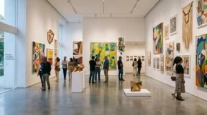 Interior amplo de uma galeria de arte contemporânea com paredes brancas e obras diversas expostas, visitantes apreciando as peças em um ambiente clean
