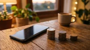 Smartphone posicionado sobre uma superfície de madeira com três pequenas pilhas de moedas de diferentes tamanhos ao lado, representando múltiplas meta
