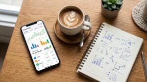Como diversificar seus investimentos pelo Mercado Pago e montar uma carteira equilibrada 4 Visão superior de um celular aberto em um aplicativo financeiro ao lado de uma xícara de café e um caderno de anotações, representando a praticidade d