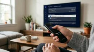 Visão em close das mãos de uma pessoa segurando um controle remoto de smart TV enquanto visualiza opções de pagamento e consulta de saldo na tela da t
