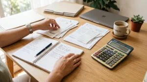 Mãos de uma pessoa organizando documentos financeiros e uma calculadora sobre uma mesa de escritório clara, com um caderno aberto contendo anotações d
