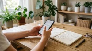 Mãos femininas segurando um celular sobre uma mesa de madeira clara, com um caderno aberto ao lado contendo metas financeiras anotadas e uma caneta, e
