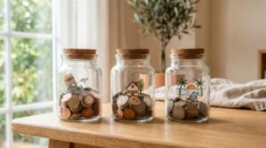 Representação visual de organização financeira com três potes de vidro transparente sobre uma mesa de madeira clara, cada pote contendo moedas e repre
