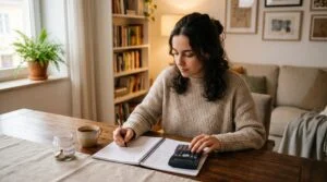 Mulher jovem sentada à mesa da sala de estar com caderno de finanças aberto e calculadora na mão, fazendo anotações enquanto planeja economias, ambien
