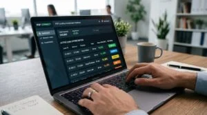 Close-up de mãos digitando em um laptop com tela mostrando uma plataforma digital de investimento P2P lending, com diferentes oportunidades de crédito

