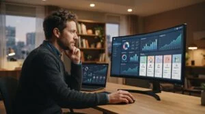 Investidor individual visualiza diferentes opções de aporte em uma plataforma digital de equity crowdfunding, com telas mostrando dashboards de empres