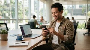 Como receber salário no Mercado Pago e investir de forma automática no app 3 Profissional brasileiro em um ambiente de trabalho contemporâneo consultando seu smartphone com uma notificação de depósito bancário visível, mesa org