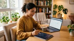 Uma pessoa jovem preenchendo um questionário digital em um tablet enquanto toma café em um ambiente residencial confortável, com notebook aberto ao la
