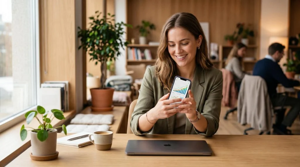 Pessoa configurando portabilidade de salário e investimento automático no celular com o app do Mercado Pago aberto