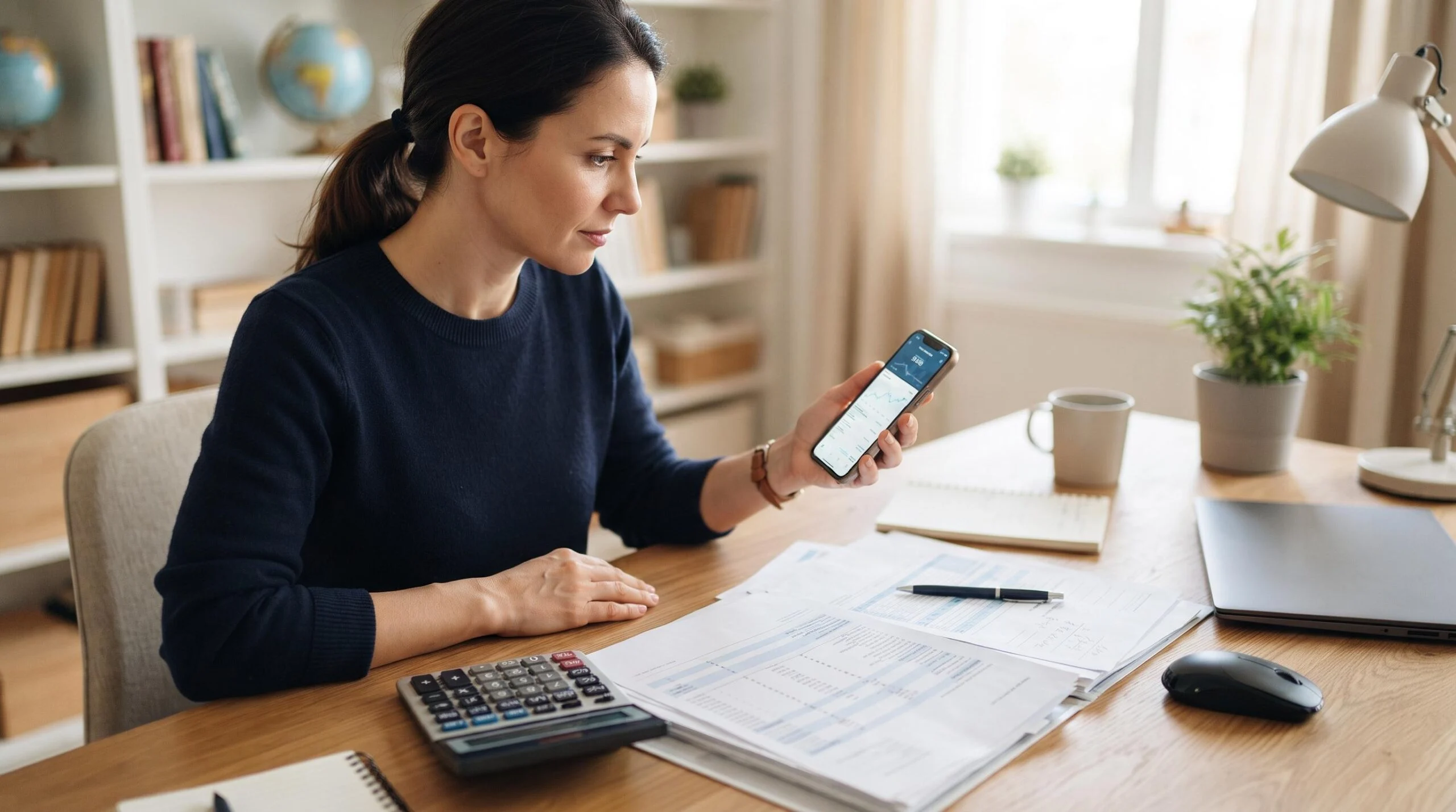 Uma pessoa sentada em um home office bem organizado consulta o celular enquanto uma calculadora financeira e documentos de câmbio repousam sobre a mes
