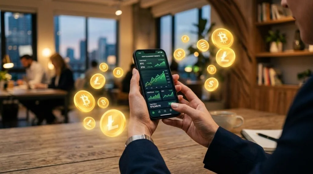 Pessoa analisando gráficos de criptomoedas em um celular enquanto decide sobre staking
