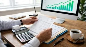 Mãos de uma pessoa adulta organizando documentos financeiros e uma calculadora sobre uma mesa de madeira, com um gráfico de rendimentos em segundo pla
